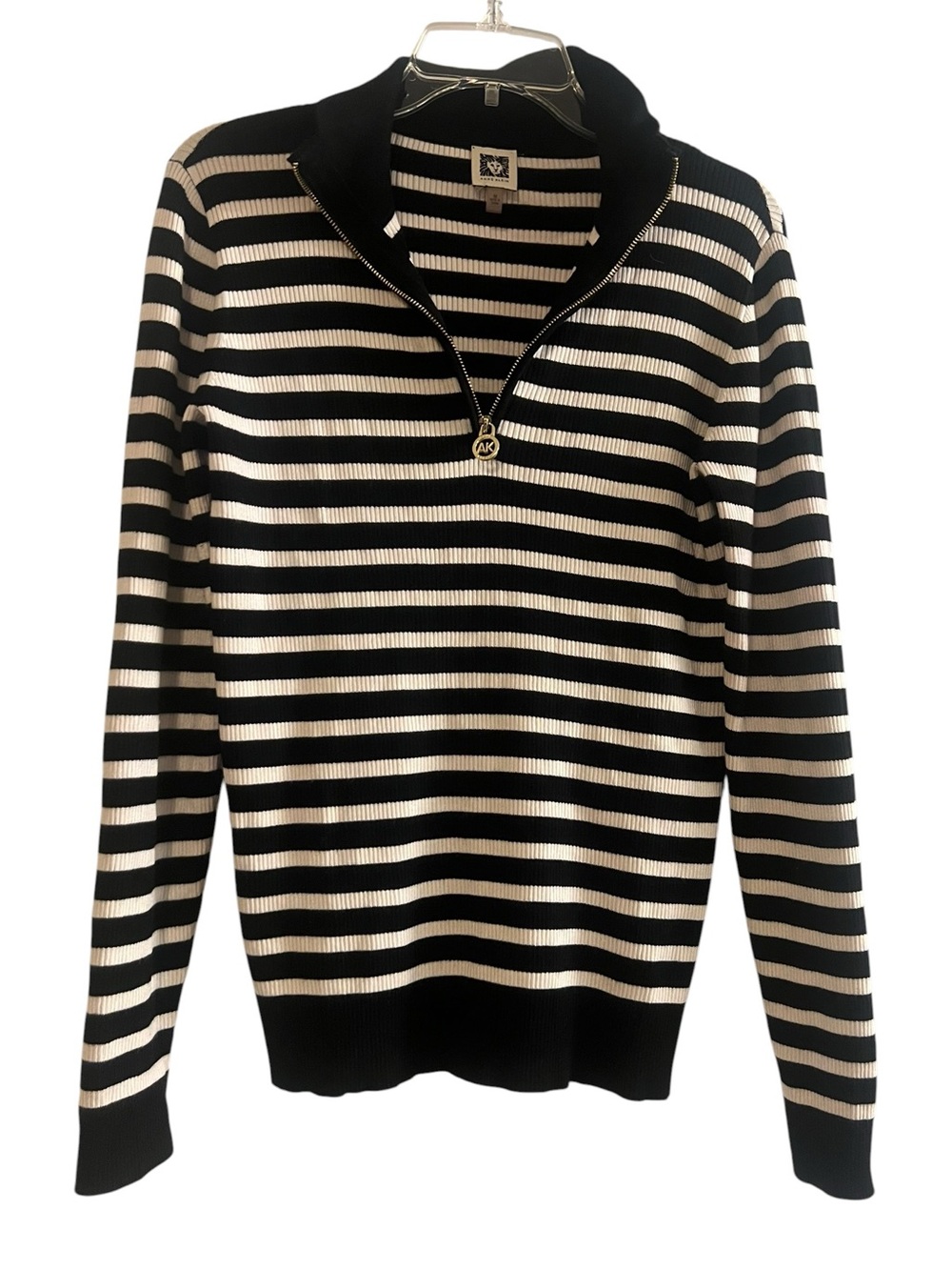 Anne Klein Quarter-Zip Pullover Black White Stripe